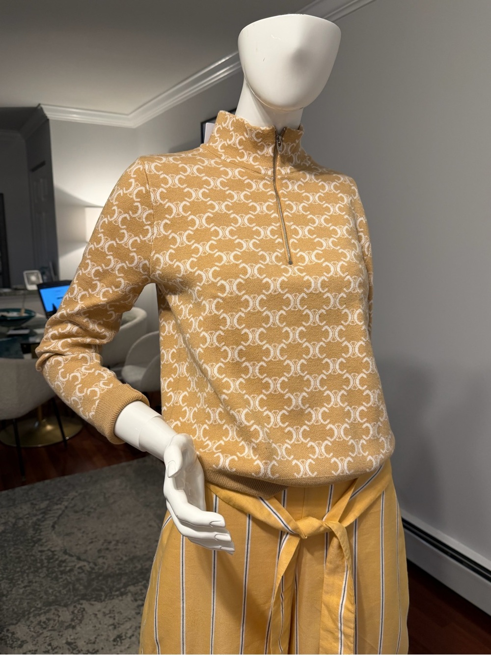 Mustard and White Cowl-Neck Sweater with Monogram